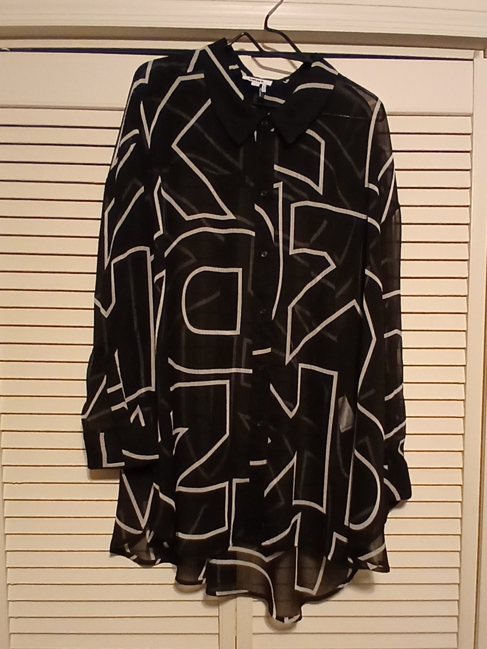 DKNY Black Sheer Button-Down with White Geometric Print